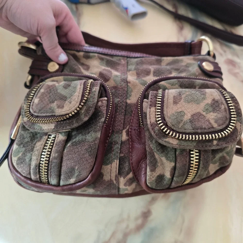 B. Makowsky Camo Print Leather Shoulder Bag Grunge Y2K Utility Hobo Pockets